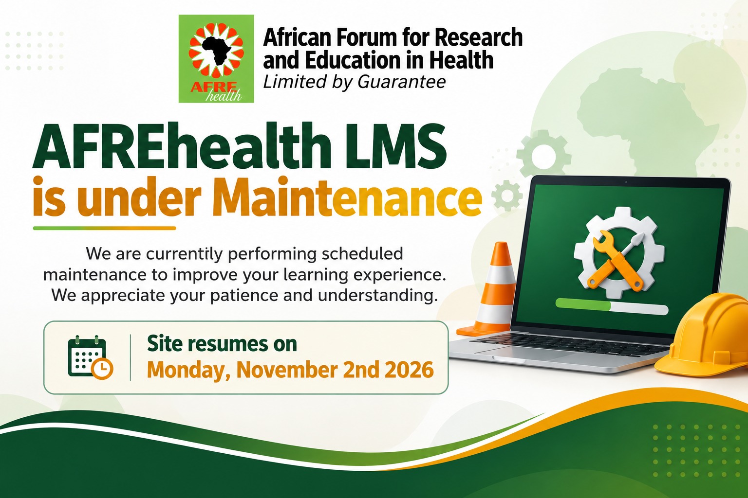 AFREhealth LMS is under maintenance. Site resumes on Tuesday, November 3rd 2026